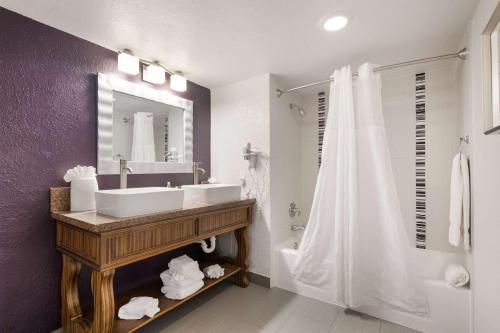 a bathroom with a sink and a mirror and a shower at Clarion Inn & Suites Across From Universal Orlando Resort in Orlando