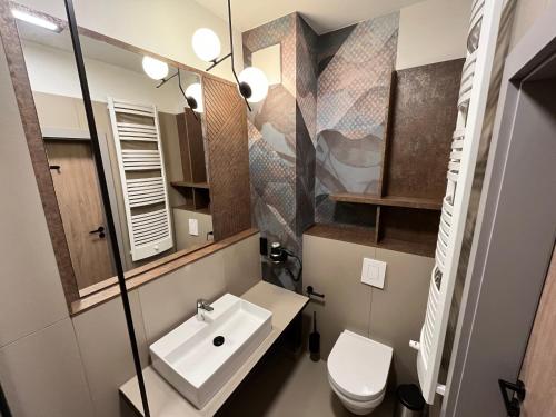 uma casa de banho com um lavatório, um WC e um espelho. em Bel Mare Sunny Flamingo em Międzyzdroje