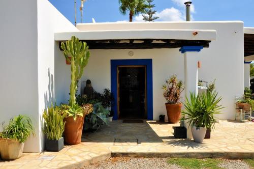 Villa Can Blau Ibiza في مدينة إيبيزا: منزل أبيض مع باب أزرق ونباتات الفخار