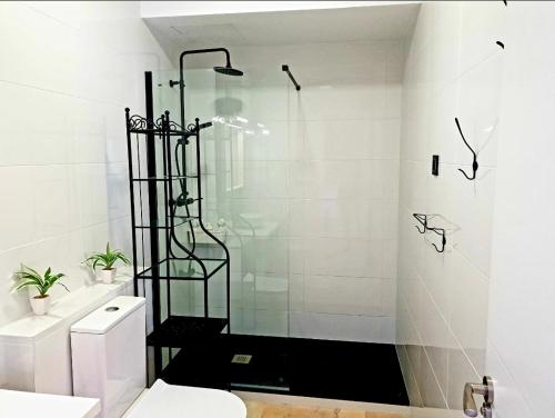 uma casa de banho com um chuveiro, um WC e um lavatório. em LHome em Sevilha