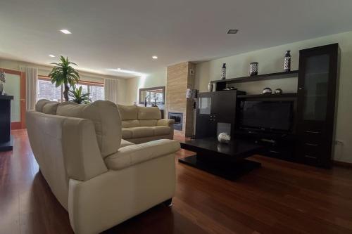 a living room with a couch and a television at Casa das Estrelas in Braga