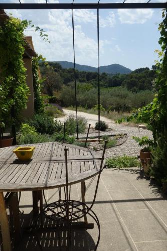 une table en bois avec un bol dessus dans l'établissement EtoileduVentoux - Nyons Vaison la Romaine - 2pers, à Piégon