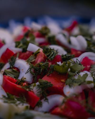 a close up of a pizza with tomatoes and herbs at Guesthouse Ailama in Ushguli