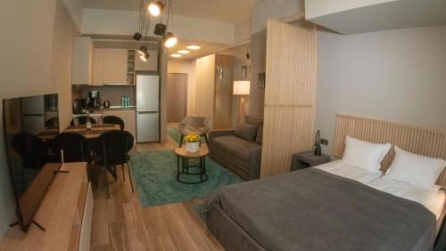 ein Schlafzimmer mit einem Bett und ein Wohnzimmer in der Unterkunft Луксозно студио One Place in Sofia A1 - Лозенец in Sofia