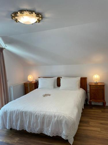 a bedroom with a white bed with two night stands at Iasskii Torg - La belle epoque in Iaşi