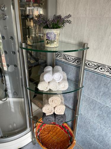 estante de cristal con toallas y cesta en el baño en Pedestrian Street Center Apartment, en Shkodër