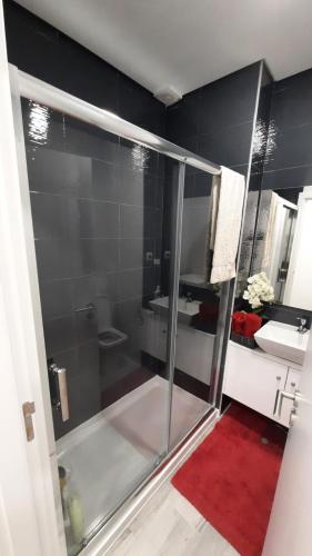 a glass shower in a bathroom with a sink at Apartamento da Antónia in Viseu