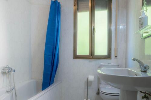 baño con cortina de ducha azul y lavamanos en casa apartamento en Riezu Mapi etxea, en Riezu