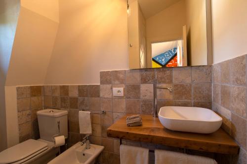 a bathroom with a sink and a toilet and a mirror at Bocelli Guest House in Laiatico
