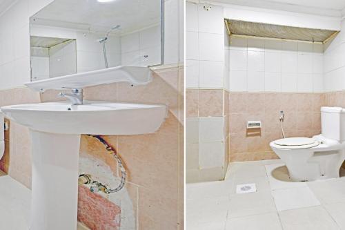 Duas fotografias de uma casa de banho com um lavatório e um WC. em OYO 119 Le Vondome em Manama