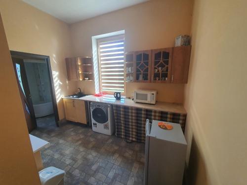 a small kitchen with a sink and a microwave at Vecais cels 25C in Jelgava