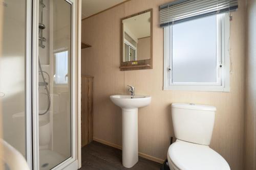 La salle de bains est pourvue de toilettes, d'un lavabo et d'un miroir. dans l'établissement Waterside, Thorpe Park Cleethorpes Static Caravan, à Cleethorpes