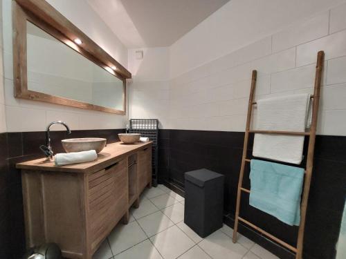 サン・ピエールにあるAppartement cosy au bord de merの洗面台と鏡のあるバスルーム