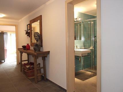 a bathroom with a shower and a sink and a mirror at Haus Rätia App 17 in Klosters