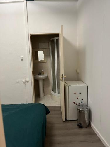 a small bathroom with a sink and a refrigerator at IRU, not for parties, not a hotel, room with no kitchen in Amsterdam