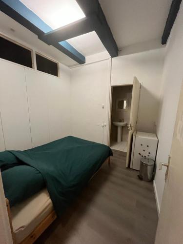a bedroom with a green bed and a bathroom at IRU, not for parties, not a hotel, room with no kitchen in Amsterdam