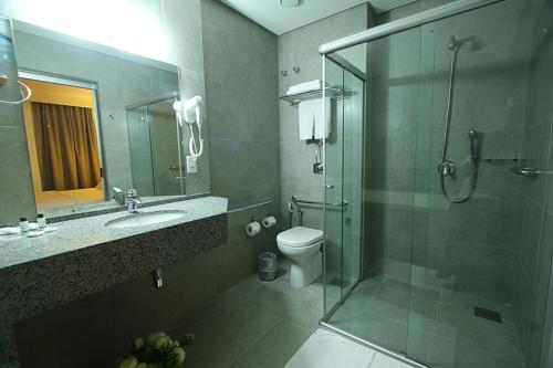 a bathroom with a shower and a toilet and a sink at Hotel Ipê MS in Campo Grande