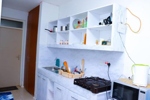 Kiambu的住宿－LaMeg Furnished Studio in Coral Bells Apartment，厨房配有水槽、炉灶和白色橱柜。