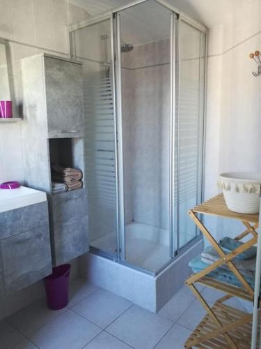 une douche en verre dans une salle de bain avec un lavabo dans l'établissement La Résidence immeuble proche place François 1er, à Cognac