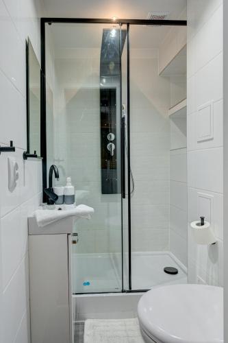 a white bathroom with a shower and a toilet at Aleda Kaskada in Szczecin