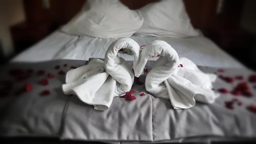 two swans made out of towels on a bed at Hotel Malinowski Economy in Gliwice