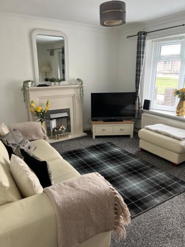 a living room with a couch and a television at Normanby Raybould house in Normanby