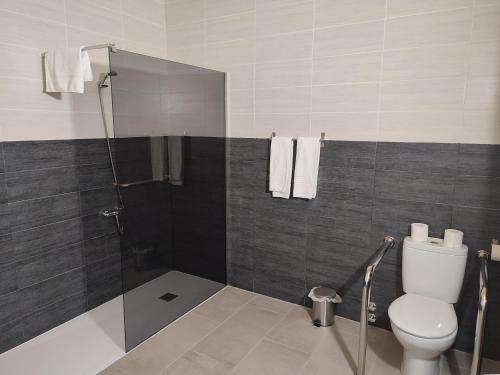 La salle de bains est pourvue de toilettes et d'une douche en verre. dans l'établissement Hotel Novo, à Ponferrada