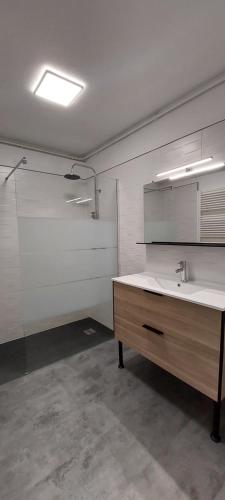 an empty room with a sink and a kitchen at La Ginelle - Appartement Isba in Airoux