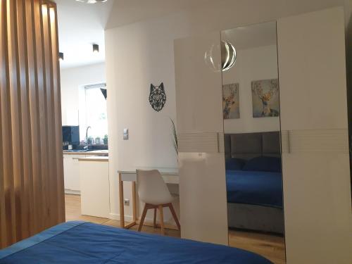a bedroom with a bed and a table with a chair at VILLA MILA Apartamenty in Karpacz