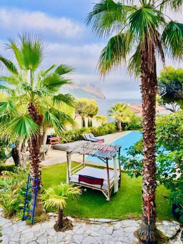 uma rede entre duas palmeiras junto a uma piscina em Astoria Villa maison d hôtes Appartement vue mer avec piscine em Cassis