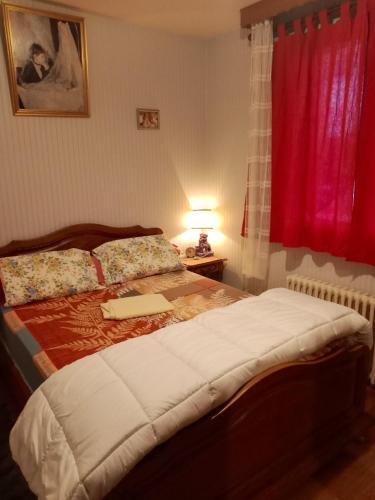 une chambre avec un lit avec un rideau rouge dans l'établissement Maison confortable à Montluçon avec Jardin clôturé, à Montluçon