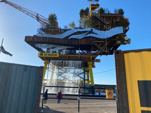 a large crane with two people standing in front of it at The Retreat in Weston-super-Mare