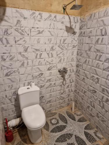a bathroom with a white toilet and a tile wall at ECO ROOMS Siwa in Siwa