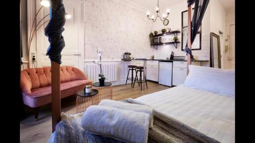 een woonkamer met een bed en een keuken bij Le Gatsby 3 étoiles in Aix-les-Bains