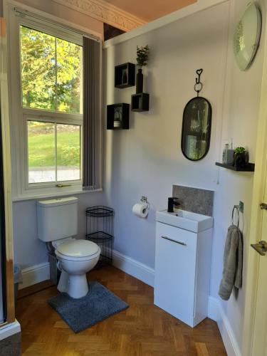 a bathroom with a white toilet and a window at Rainworth Lodge in Nottingham