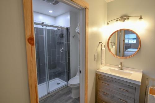 a bathroom with a shower and a sink and a mirror at The Darmont Hotel and Suites in Darby