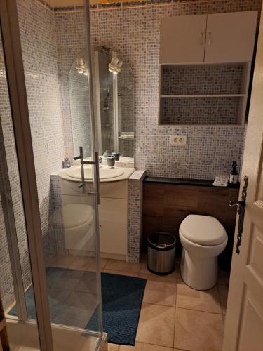 a bathroom with a toilet and a sink at Le Côté Lub in Pertuis