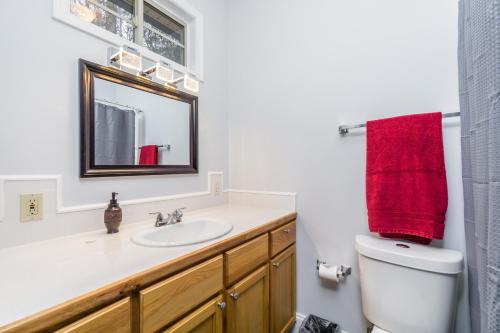 a bathroom with a sink and a red towel at New Listing! Bavarian Cabin - 2 Bedrooms, 8 Minutes to Dahlonega, Hot Tub, Game Room in Dahlonega