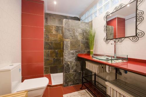 ein Badezimmer mit einem WC, einem Waschbecken und einem Spiegel in der Unterkunft HABITACION EN VIVIENDA GRAN VIA BILBAo in Bilbao