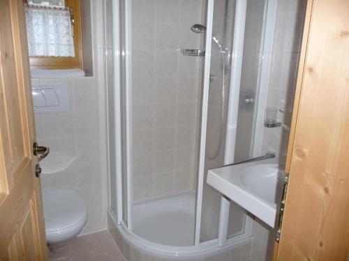 a bathroom with a shower and a sink and a toilet at Haus am Park in Rasùn di Sotto