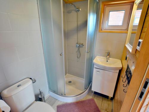 a bathroom with a shower and a toilet and a sink at Holiday home in Ustronie Morskie in a beautiful setting in Ustronie Morskie