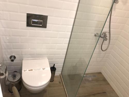a bathroom with a toilet and a glass shower stall at Leman Apart in Bodrum City