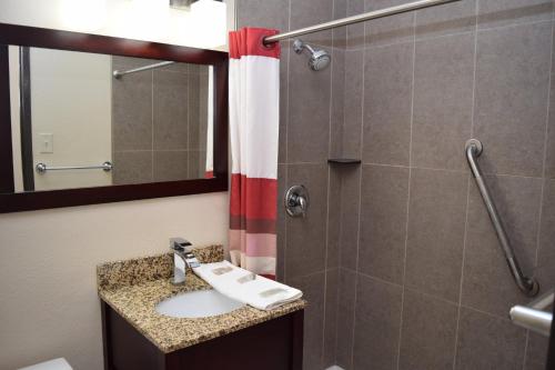 a bathroom with a sink and a shower with a mirror at Red Roof Inn Batavia in Batavia