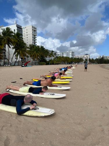 a group of people laying on surfboards on the beach at Rincon Dorms in Rincon