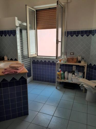uma casa de banho em azulejos azuis com um lavatório e um espelho em Sweet Home em Oliena