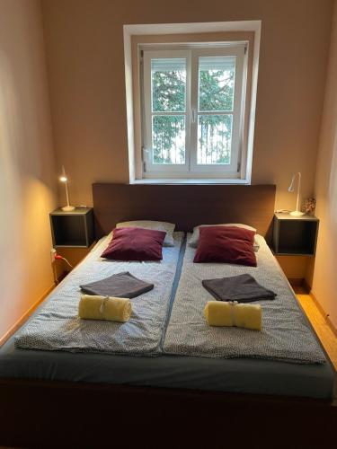 a bedroom with a bed with two pillows and a window at Budapest Gellért Apartman in Budapest