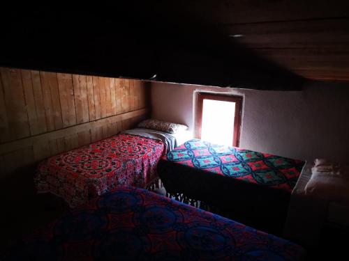 a small room with two beds and a window at Pinnettu sardo casa di campagna in ecosistema insetti e animaletti simpatici in condivisione,Leggere attentamente Prima di prenotare in Oliena