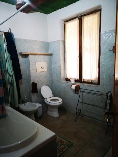 a bathroom with a toilet and a sink and a window at Pinnettu sardo casa di campagna in ecosistema insetti e animaletti simpatici in condivisione,Leggere attentamente Prima di prenotare in Oliena