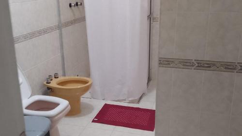 a bathroom with a toilet and a shower at hospedagens regina in Águas de Lindóia