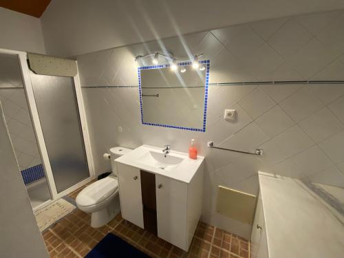 La salle de bains est pourvue de toilettes, d'un lavabo et d'un miroir. dans l'établissement Herdade da Moringa, à Corte do Pinto